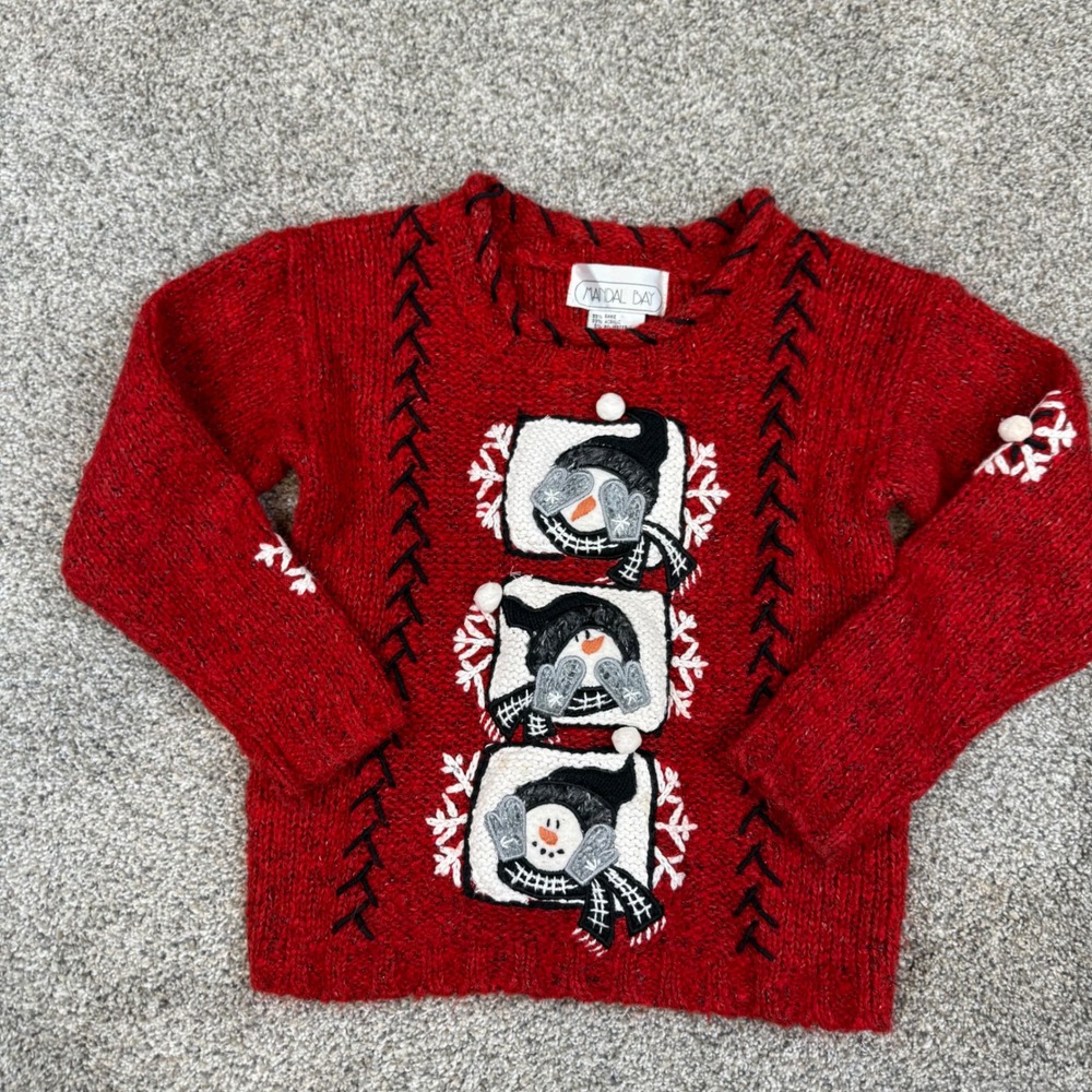 Vintage Mandal Bay Girls Red Snowman Holiday Sweater Metallic Knit Size 6/6X‎